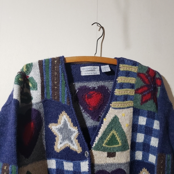 Signatures by Northern Isles Wool Handknit Patchwork Wool Cardigan Sweater, sz M - Picture 3 of 12